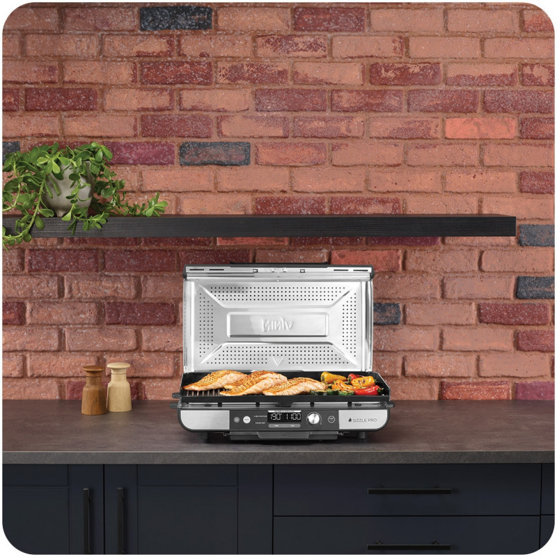 Ηλεκτρική ψησταριά Ninja Sizzle Pro XL GX101EU, 1800W, 120°-260°C, 2 κεραμικά πλόκια, 10 μπιφτέκια, ProTemp IQ, Swalajem kapak, Ceren/Inox