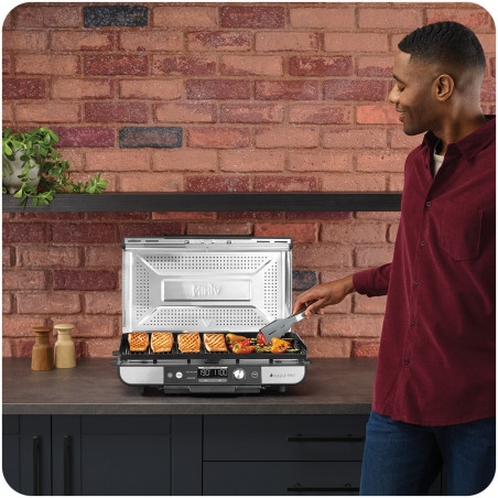 Ηλεκτρική ψησταριά Ninja Sizzle Pro XL GX101EU, 1800W, 120°-260°C, 2 κεραμικά πλόκια, 10 μπιφτέκια, ProTemp IQ, Swalajem kapak, Ceren/Inox