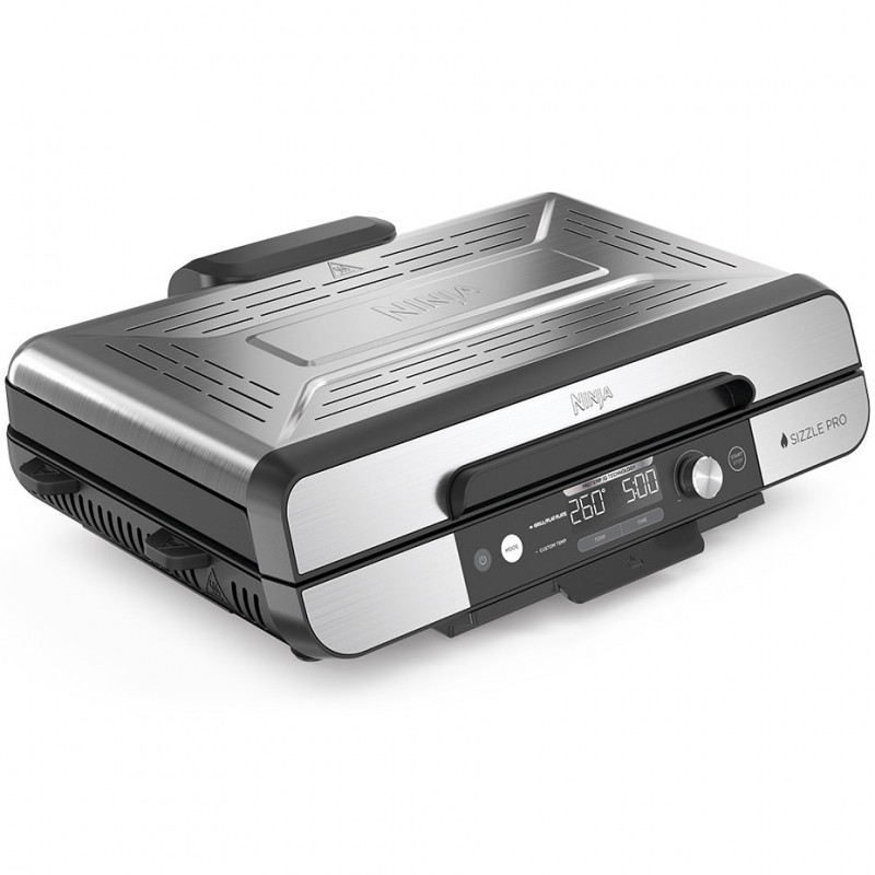 Ηλεκτρική ψησταριά Ninja Sizzle Pro XL GX101EU, 1800W, 120°-260°C, 2 κεραμικά πλόκια, 10 μπιφτέκια, ProTemp IQ, Swalajem kapak, Ceren/Inox