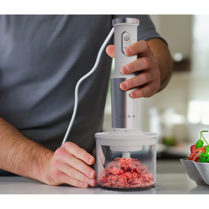 Μπλέντερ, τεμαχιστής και μίξερ 3 σε 1 AENO AHB0004W, 1200W, 0,5 l, 18 στάδια, Turbo, DC μοτέρ, Λευκό/inox