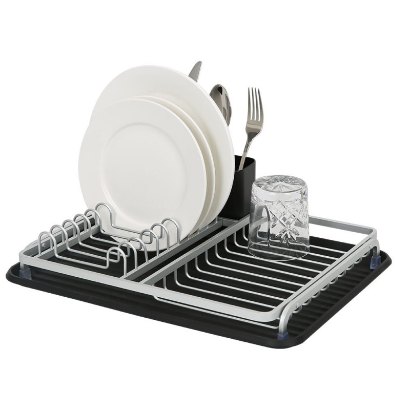Στεγνωτήριο πιάτων Luigi Ferrero FR-3932A, 43x32x12 cm, ανθεκτικό στη διάβρωση, σχάρα 3 διαμερισμάτων, δίσκος αποστράγγισης, μαύρο/ασημί