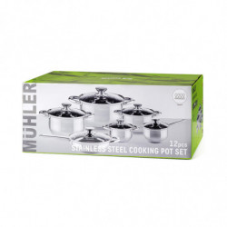 Σετ μαγειρικών σκευών Muhler MR-1242, 12 τεμάχια, Ανοξείδωτο ατσάλι, Πάτος τριών στρώσεων, Ψυχρές λαβές, Γυάλινα καπάκια, Επαγωγή, Ασημί