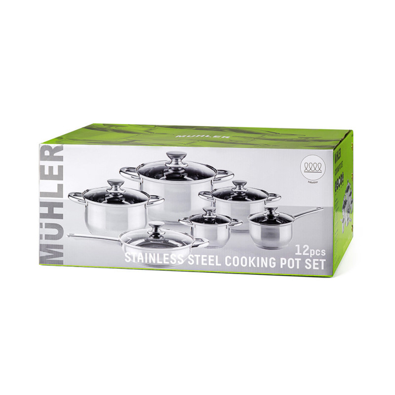 Σετ μαγειρικών σκευών Muhler MR-1242, 12 τεμάχια, Ανοξείδωτο ατσάλι, Πάτος τριών στρώσεων, Ψυχρές λαβές, Γυάλινα καπάκια, Επαγωγή, Ασημί