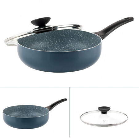 Βαθύ τηγάνι με καπάκι Luigi Ferrero Prima FR-2634L, 26x7.5 cm, 3.4 l, Αντικολλητική επίστρωση με μαρμάρινο εφέ, Γυάλινο καπάκι με τρύπα ατμού, Επαγωγή, Σκούρο μπλε