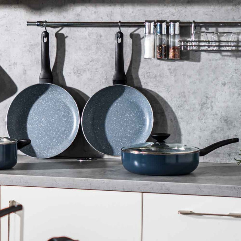 Βαθύ τηγάνι με καπάκι Luigi Ferrero Prima FR-2634L, 26x7.5 cm, 3.4 l, Αντικολλητική επίστρωση με μαρμάρινο εφέ, Γυάλινο καπάκι με τρύπα ατμού, Επαγωγή, Σκούρο μπλε