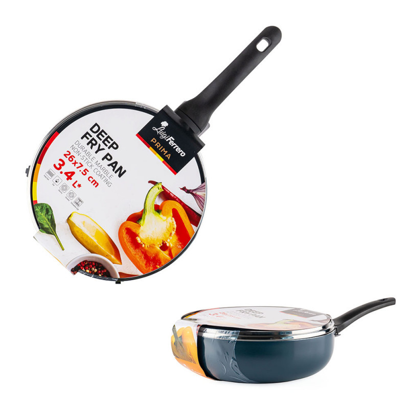 Βαθύ τηγάνι με καπάκι Luigi Ferrero Prima FR-2634L, 26x7.5 cm, 3.4 l, Αντικολλητική επίστρωση με μαρμάρινο εφέ, Γυάλινο καπάκι με τρύπα ατμού, Επαγωγή, Σκούρο μπλε