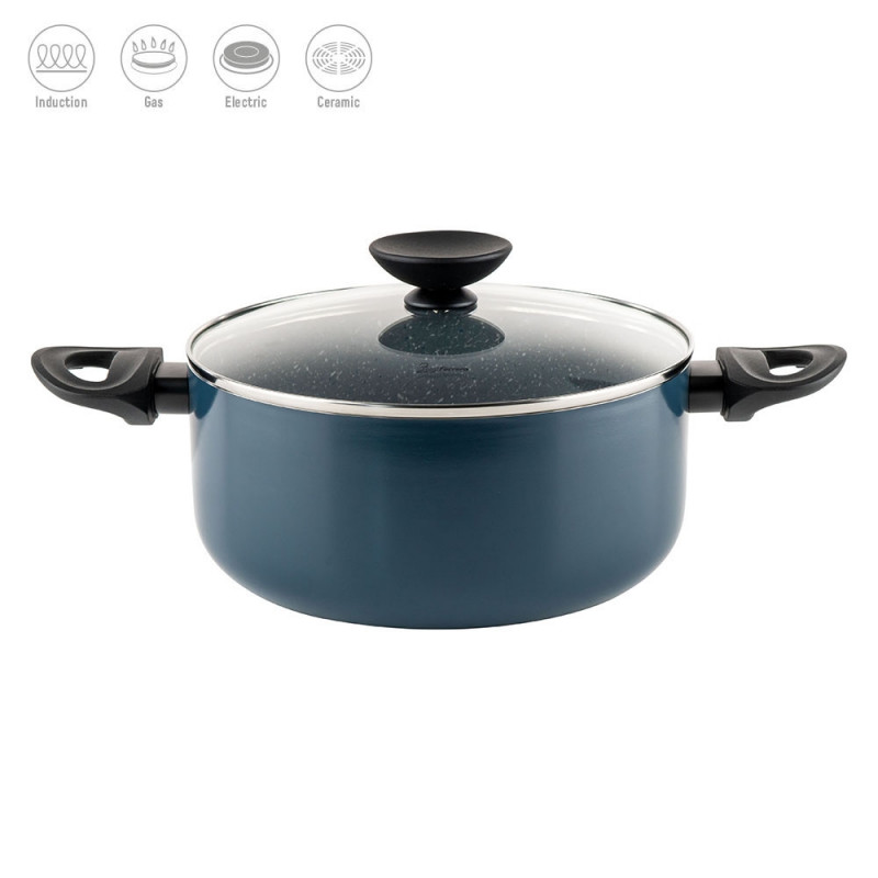 Κατσαρόλα Luigi Ferrero Prima FR-2444, 24x11 cm, 4,5 l, Αντικολλητική επίστρωση με μαρμάρινο εφέ, Γυάλινο καπάκι με τρύπα ατμού, Επαγωγή, Σκούρο μπλε