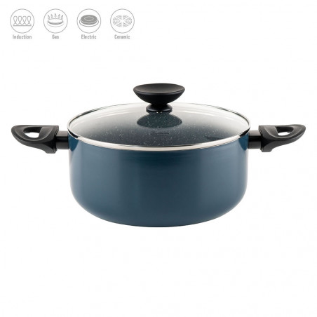 Κατσαρόλα Luigi Ferrero Prima FR-2444, 24x11 cm, 4,5 l, Αντικολλητική επίστρωση με μαρμάρινο εφέ, Γυάλινο καπάκι με τρύπα ατμού, Επαγωγή, Σκούρο μπλε