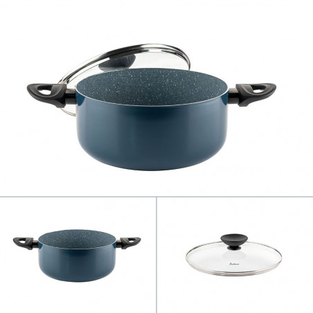Κατσαρόλα Luigi Ferrero Prima FR-2444, 24x11 cm, 4,5 l, Αντικολλητική επίστρωση με μαρμάρινο εφέ, Γυάλινο καπάκι με τρύπα ατμού, Επαγωγή, Σκούρο μπλε