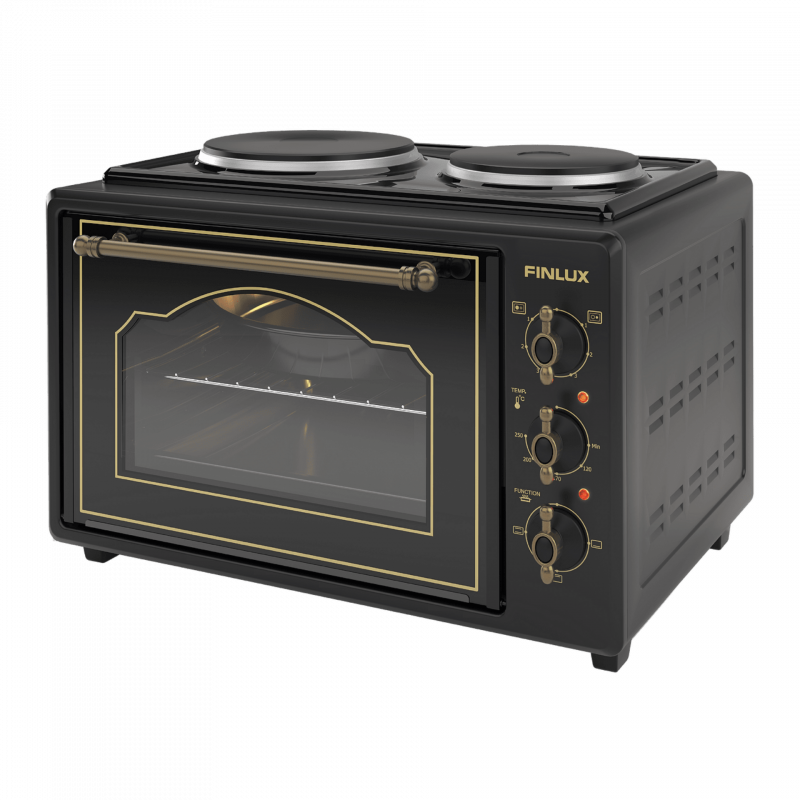 Μικρό Finlux FMC-9705GB, 1600W, 45 l, Δύο καυστήρες, Γυάλινη πόρτα, Ομαλό κλείσιμο, Ρετρό σχέδιο, Μαύρο
