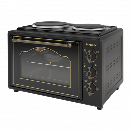 Μικρό Finlux FMC-9705GB, 1600W, 45 l, Δύο καυστήρες, Γυάλινη πόρτα, Ομαλό κλείσιμο, Ρετρό σχέδιο, Μαύρο