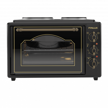 Μικρό Finlux FMC-9705GB, 1600W, 45 l, Δύο καυστήρες, Γυάλινη πόρτα, Ομαλό κλείσιμο, Ρετρό σχέδιο, Μαύρο