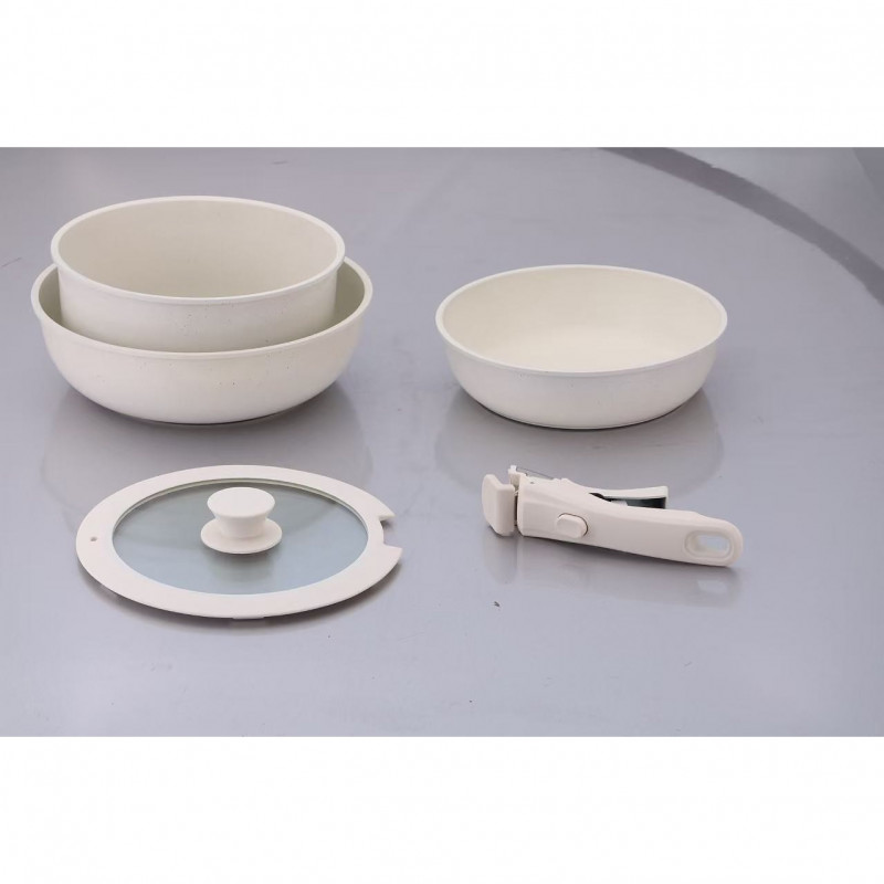 Σετ κατσαρόλας και τηγανιών με αποσπώμενη λαβή Goldmann GM-1005, 5 τεμάχια, επαγωγικά, μαρμάρινο φινίρισμα, μπεζ