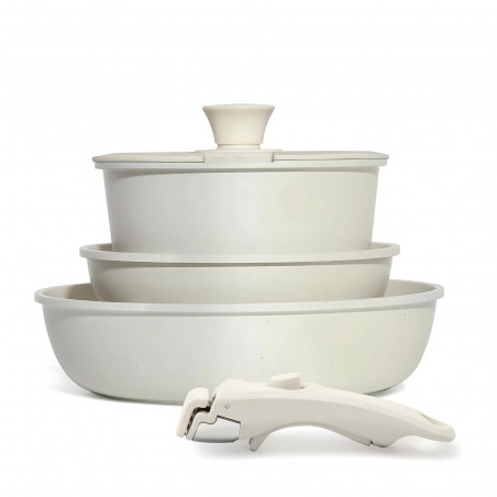 Σετ κατσαρόλας και τηγανιών με αποσπώμενη λαβή Goldmann GM-1005, 5 τεμάχια, επαγωγικά, μαρμάρινο φινίρισμα, μπεζ