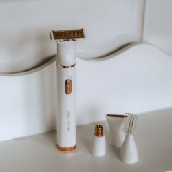Φορητή αποτριχωτική μηχανή Beautifly My Blade Silky, 4 επίχρυσες κεφαλές, Υγρό/στεγνό, Ευαίσθητο δέρμα, Πολυλειτουργικό, Λευκό/Χρυσό