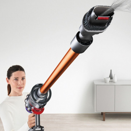 Κάθετη ηλεκτρική σκούπα Dyson Cyclone V10 Absolute 448883-01, 150AW, 125.000 σ.α.λ., 0,77 l, 60 λεπτά, 3 λειτουργίες, 2 Tier Cyclone™, HEPA, Αθόρυβη, Υγιεινή εκκένωση, Χωρίς μπλέξιμο, Νικέλιο/πορτοκαλί