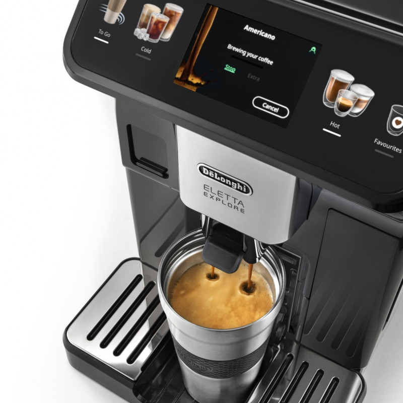 Καφετιέρα DeLonghi Eletta Explore ECAM450.65.G, 1450W, 19 bar, 1.8l, Wi-Fi, Touch TFT display, LatteCrema hot/cool, Twin Shot, To-Go, +Ground coffee, Μαύρο/γκρι