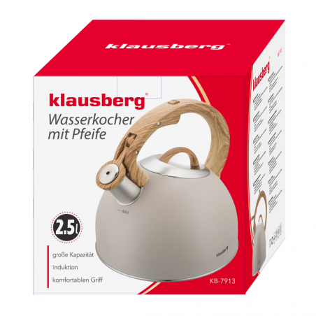 Σφυρίζοντας βραστήρας Klausberg KB 7913, 2.5 L, Λαβή με εφέ ξύλου, Επαγωγή, Μπεζ