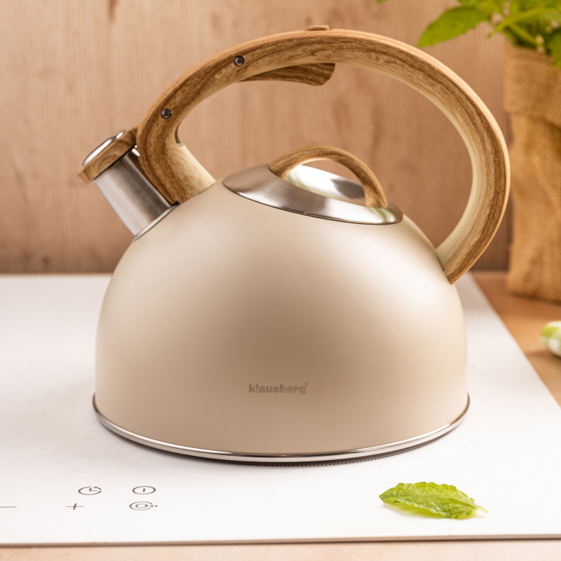 Σφυρίζοντας βραστήρας Klausberg KB 7913, 2.5 L, Λαβή με εφέ ξύλου, Επαγωγή, Μπεζ