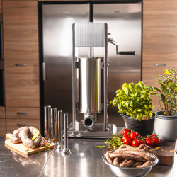 Μηχανή πλήρωσης λουκάνικων Klausberg KB 7930, 5 kg, χειροκίνητη, 4 χαλύβδινα ακροφύσια, βαλβίδα εξαέρωσης, κύλινδρος κύλισης, Inox