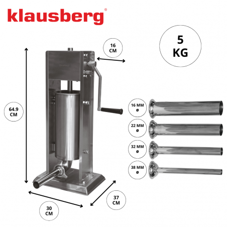 Μηχανή πλήρωσης λουκάνικων Klausberg KB 7930, 5 kg, χειροκίνητη, 4 χαλύβδινα ακροφύσια, βαλβίδα εξαέρωσης, κύλινδρος κύλισης, Inox