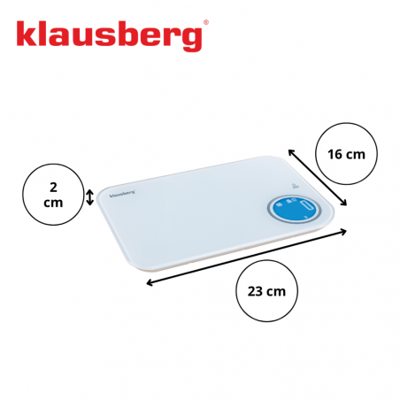 Ζυγαριά κουζίνας Klausberg KB 7938, 5 Kg, Bluetooth, Εφαρμογή για κινητά, LCD, Τάρα, 4 ενδείξεις, Υγρά, Ενδείξεις, Λευκό/μπλε
