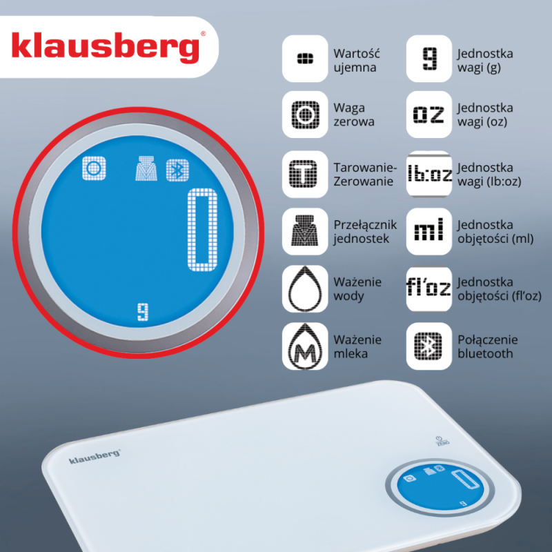 Ζυγαριά κουζίνας Klausberg KB 7938, 5 Kg, Bluetooth, Εφαρμογή για κινητά, LCD, Τάρα, 4 ενδείξεις, Υγρά, Ενδείξεις, Λευκό/μπλε