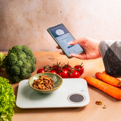 Ζυγαριά κουζίνας Klausberg KB 7938, 5 Kg, Bluetooth, Εφαρμογή για κινητά, LCD, Τάρα, 4 ενδείξεις, Υγρά, Ενδείξεις, Λευκό/μπλε