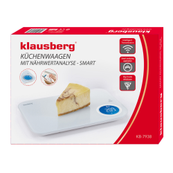 Ζυγαριά κουζίνας Klausberg KB 7938, 5 Kg, Bluetooth, Εφαρμογή για κινητά, LCD, Τάρα, 4 ενδείξεις, Υγρά, Ενδείξεις, Λευκό/μπλε