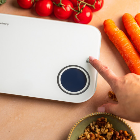 Ζυγαριά κουζίνας Klausberg KB 7938, 5 Kg, Bluetooth, Εφαρμογή για κινητά, LCD, Τάρα, 4 ενδείξεις, Υγρά, Ενδείξεις, Λευκό/μπλε