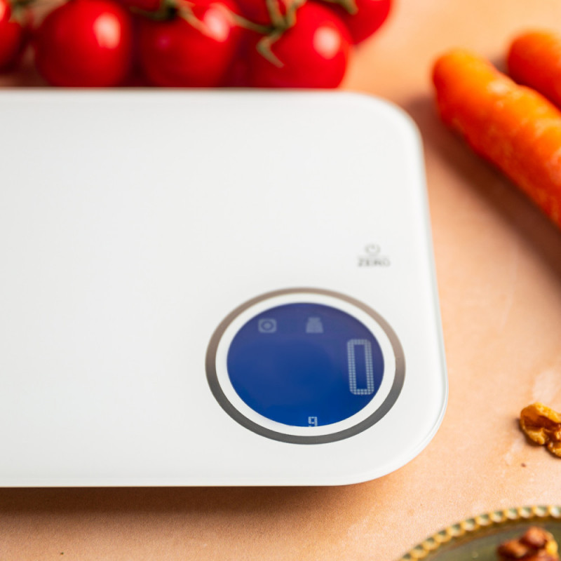 Ζυγαριά κουζίνας Klausberg KB 7938, 5 Kg, Bluetooth, Εφαρμογή για κινητά, LCD, Τάρα, 4 ενδείξεις, Υγρά, Ενδείξεις, Λευκό/μπλε