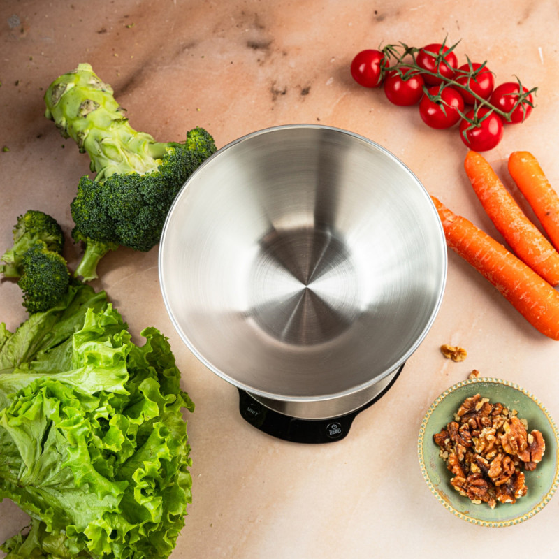 Ζυγαριά κουζίνας με μπολ Klausberg KB 7939, 5 Kg, Bluetooth, Mobile app, LED, Tare, Υγρά, 4 διατροφικές τιμές, Inox