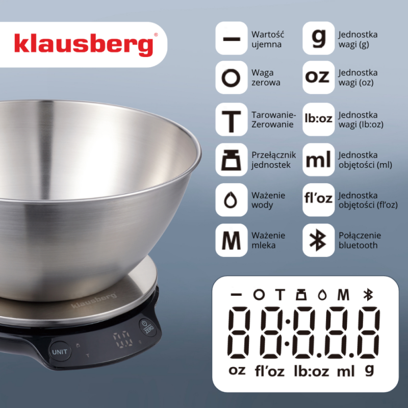 Ζυγαριά κουζίνας με μπολ Klausberg KB 7939, 5 Kg, Bluetooth, Mobile app, LED, Tare, Υγρά, 4 διατροφικές τιμές, Inox