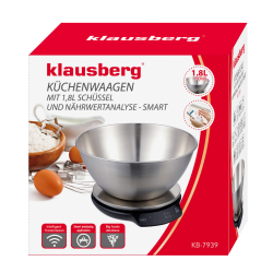Ζυγαριά κουζίνας με μπολ Klausberg KB 7939, 5 Kg, Bluetooth, Mobile app, LED, Tare, Υγρά, 4 διατροφικές τιμές, Inox