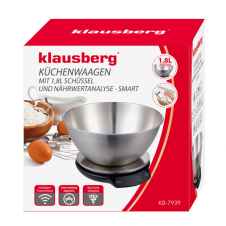 Ζυγαριά κουζίνας με μπολ Klausberg KB 7939, 5 Kg, Bluetooth, Mobile app, LED, Tare, Υγρά, 4 διατροφικές τιμές, Inox