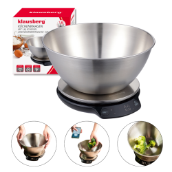 Ζυγαριά κουζίνας με μπολ Klausberg KB 7939, 5 Kg, Bluetooth, Mobile app, LED, Tare, Υγρά, 4 διατροφικές τιμές, Inox