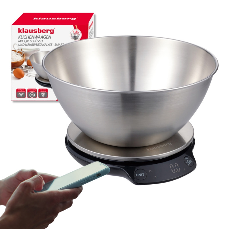 Ζυγαριά κουζίνας με μπολ Klausberg KB 7939, 5 Kg, Bluetooth, Mobile app, LED, Tare, Υγρά, 4 διατροφικές τιμές, Inox
