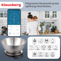 Ζυγαριά κουζίνας με μπολ Klausberg KB 7939, 5 Kg, Bluetooth, Mobile app, LED, Tare, Υγρά, 4 διατροφικές τιμές, Inox