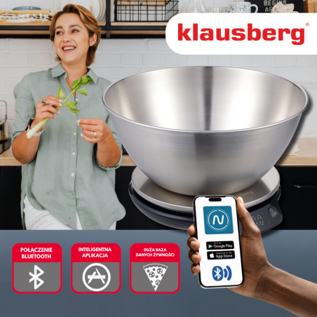 Ζυγαριά κουζίνας με μπολ Klausberg KB 7939, 5 Kg, Bluetooth, Mobile app, LED, Tare, Υγρά, 4 διατροφικές τιμές, Inox