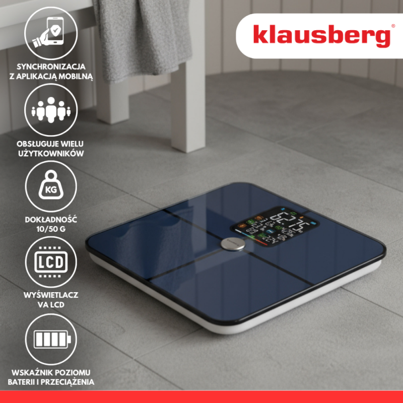 Ψηφιακή ζυγαριά Klausberg KB 7940, 180 Kg, BIA, LCD, Bluetooth, 12 ενδείξεις, γυαλί, σκούρο μπλε