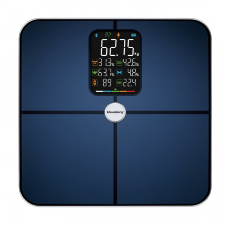 Ψηφιακή ζυγαριά Klausberg KB 7940, 180 Kg, BIA, LCD, Bluetooth, 12 ενδείξεις, γυαλί, σκούρο μπλε