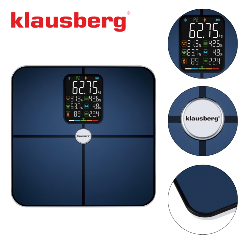 Ψηφιακή ζυγαριά Klausberg KB 7940, 180 Kg, BIA, LCD, Bluetooth, 12 ενδείξεις, γυαλί, σκούρο μπλε