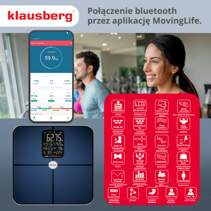 Ψηφιακή ζυγαριά Klausberg KB 7940, 180 Kg, BIA, LCD, Bluetooth, 12 ενδείξεις, γυαλί, σκούρο μπλε