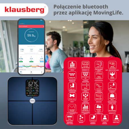 Ψηφιακή ζυγαριά Klausberg KB 7940, 180 Kg, BIA, LCD, Bluetooth, 12 ενδείξεις, γυαλί, σκούρο μπλε