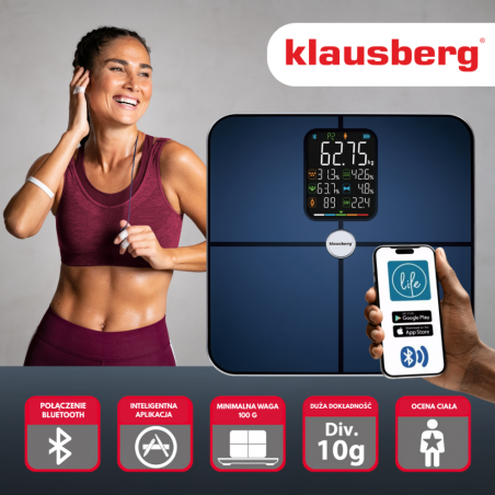 Ψηφιακή ζυγαριά Klausberg KB 7940, 180 Kg, BIA, LCD, Bluetooth, 12 ενδείξεις, γυαλί, σκούρο μπλε