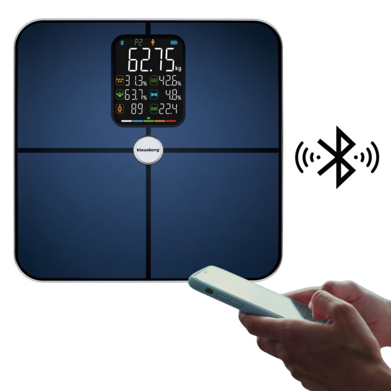 Ψηφιακή ζυγαριά Klausberg KB 7940, 180 Kg, BIA, LCD, Bluetooth, 12 ενδείξεις, γυαλί, σκούρο μπλε