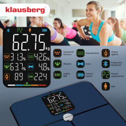 Ψηφιακή ζυγαριά Klausberg KB 7940, 180 Kg, BIA, LCD, Bluetooth, 12 ενδείξεις, γυαλί, σκούρο μπλε