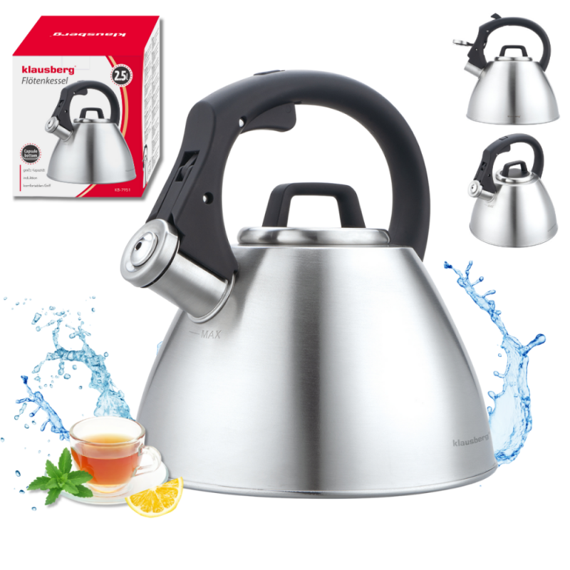 Σφυρίζοντας βραστήρας Klausberg KB 7951, 2.5 l, Ανοξείδωτο ατσάλι, Θερμομονωμένη λαβή, Επαγωγή, Ματ όνυχα
