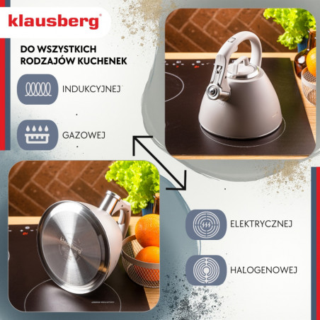 Σφυρίζοντας βραστήρας Klausberg KB 7953, 2.5 l, Ανοξείδωτο, Θερμομονωμένη λαβή, Επαγωγή, Μπεζ