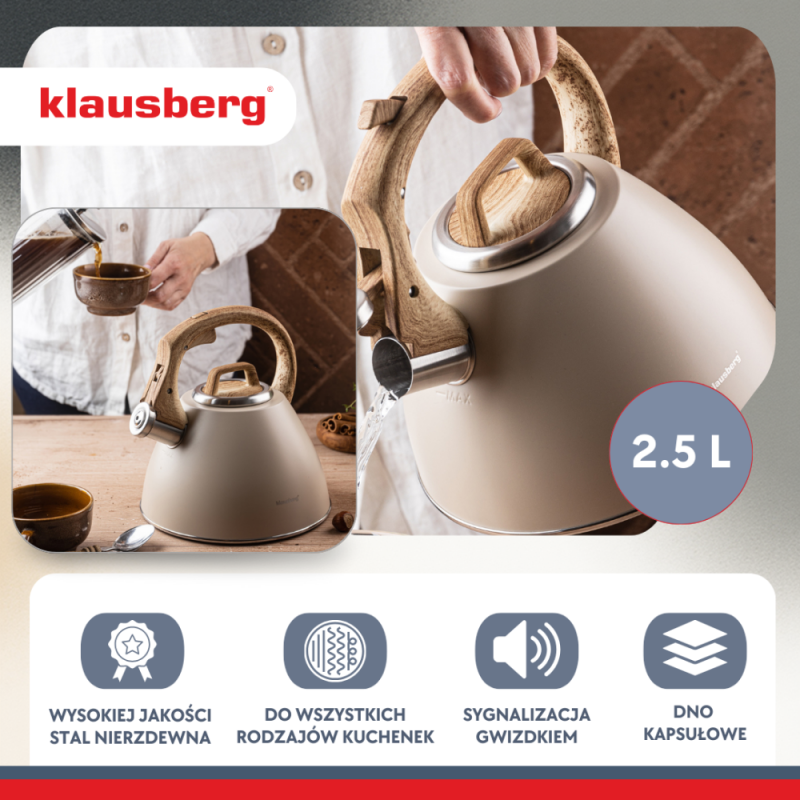 Klausberg KB 7954 βραστήρας με στροβιλισμό, 2,5 l, Ανοξείδωτο, Μονωμένη λαβή με εφέ ξύλου, Επαγωγή, Μπεζ/καφέ